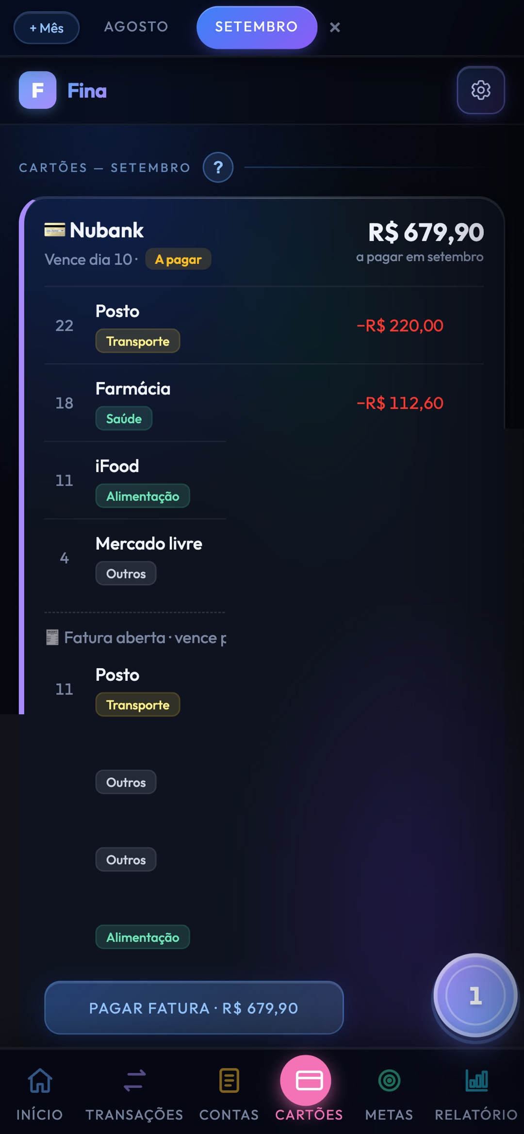 Aba de cartões do Fina