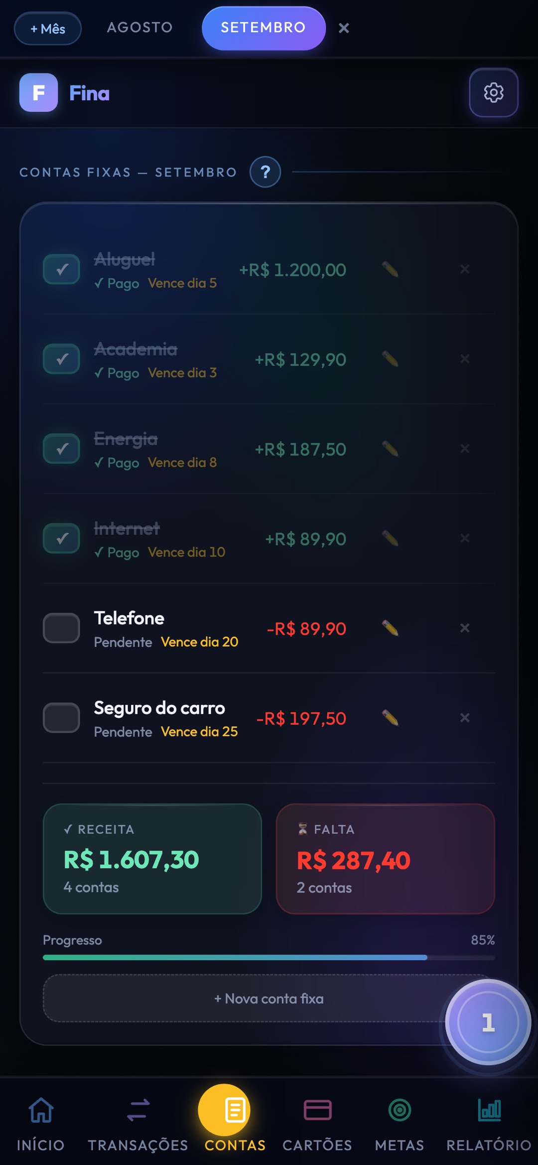 Contas fixas do mês