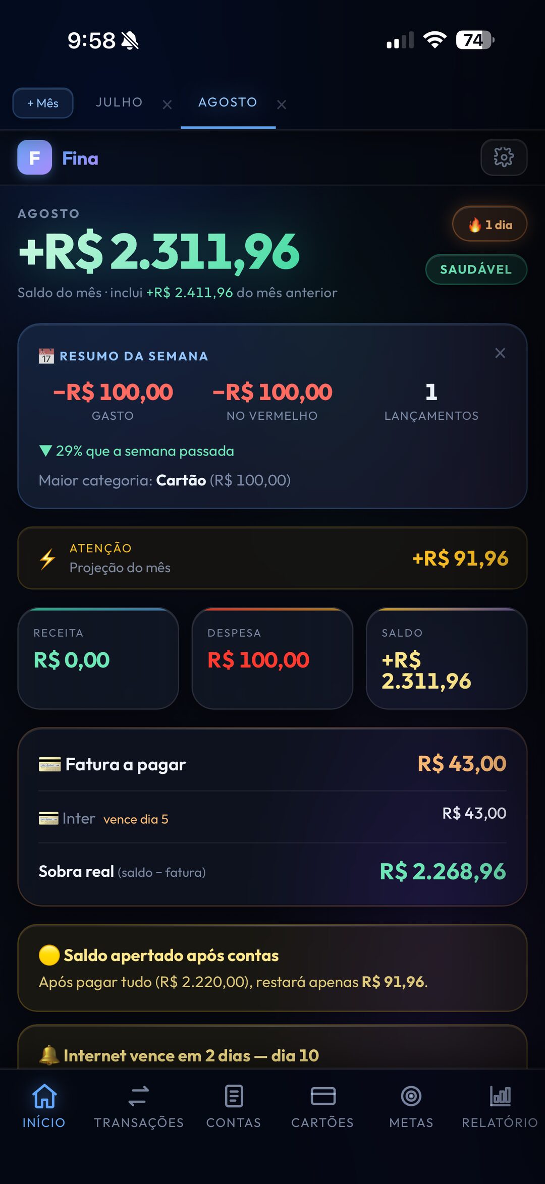 Tela inicial do Fina com saldo e fatura do cartão