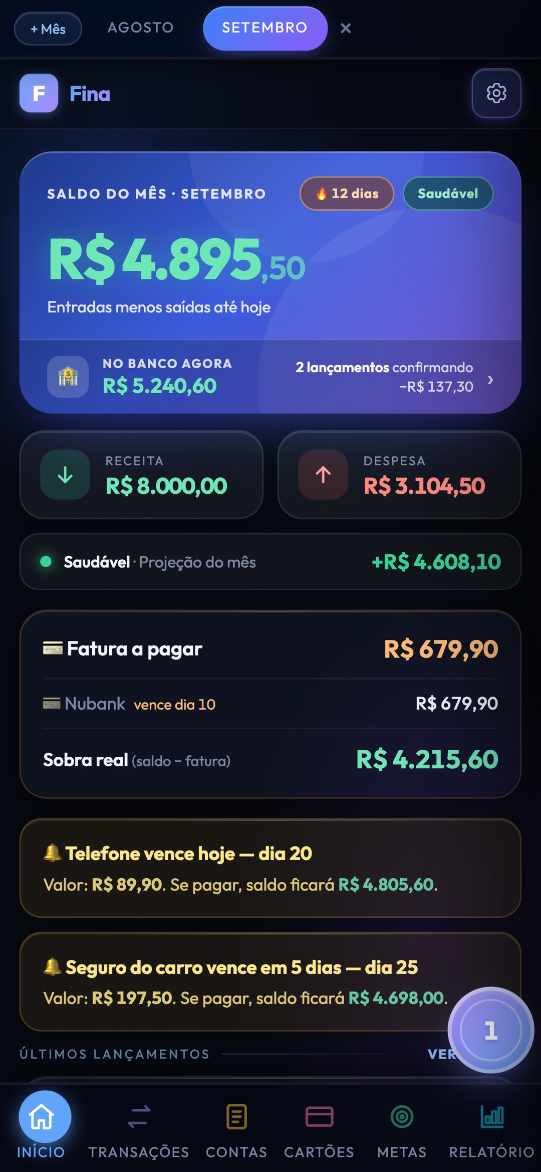 Tela inicial do Fina com saldo e fatura do cartão